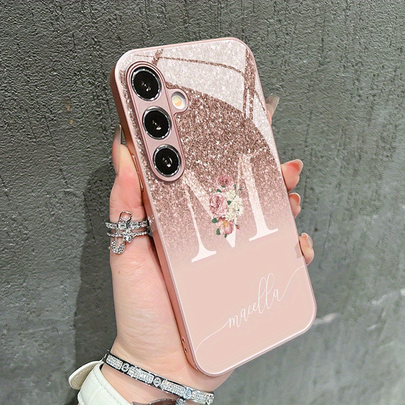TEMU Phone Case: Fashion Sequin Gradient Letter M Pattern Glass Phone Case For Galaxy
