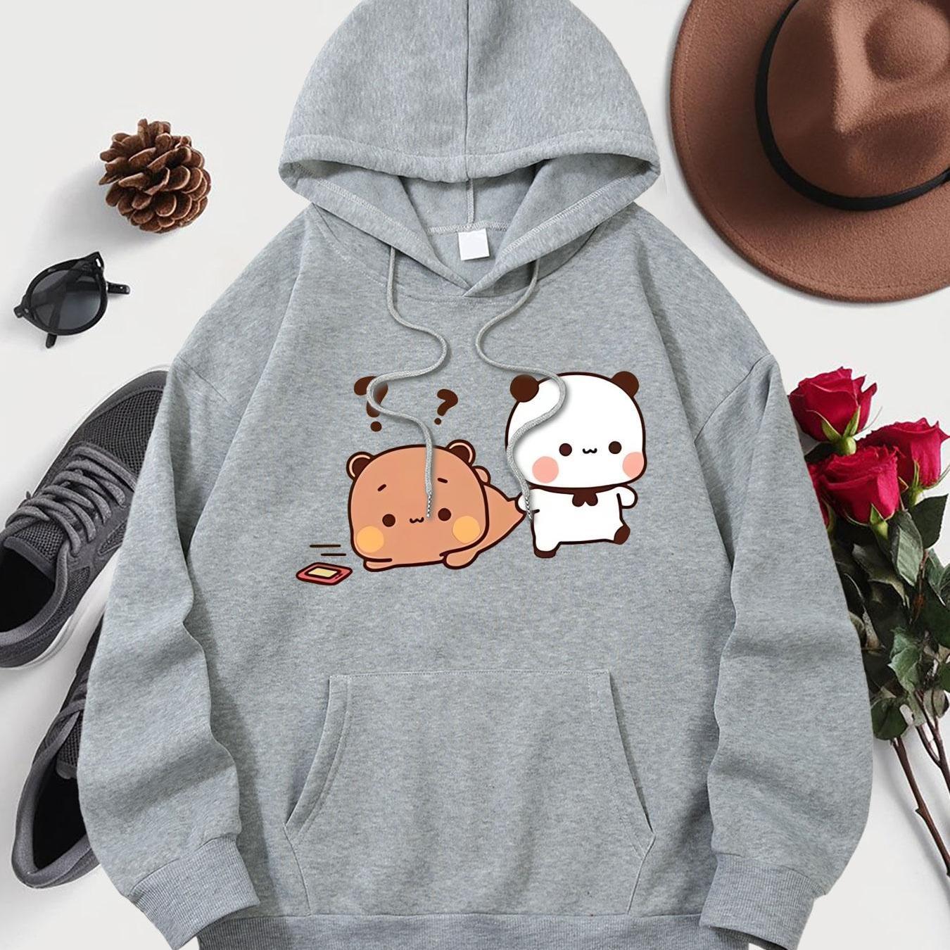 

Women's Fleece-lined Hoodie In Purple With Cute Cartoon Bear & Dog Print, Casual Pullover With Kangaroo Pocket - Soft Polyester, Machine Washable, Oversized Hoodie