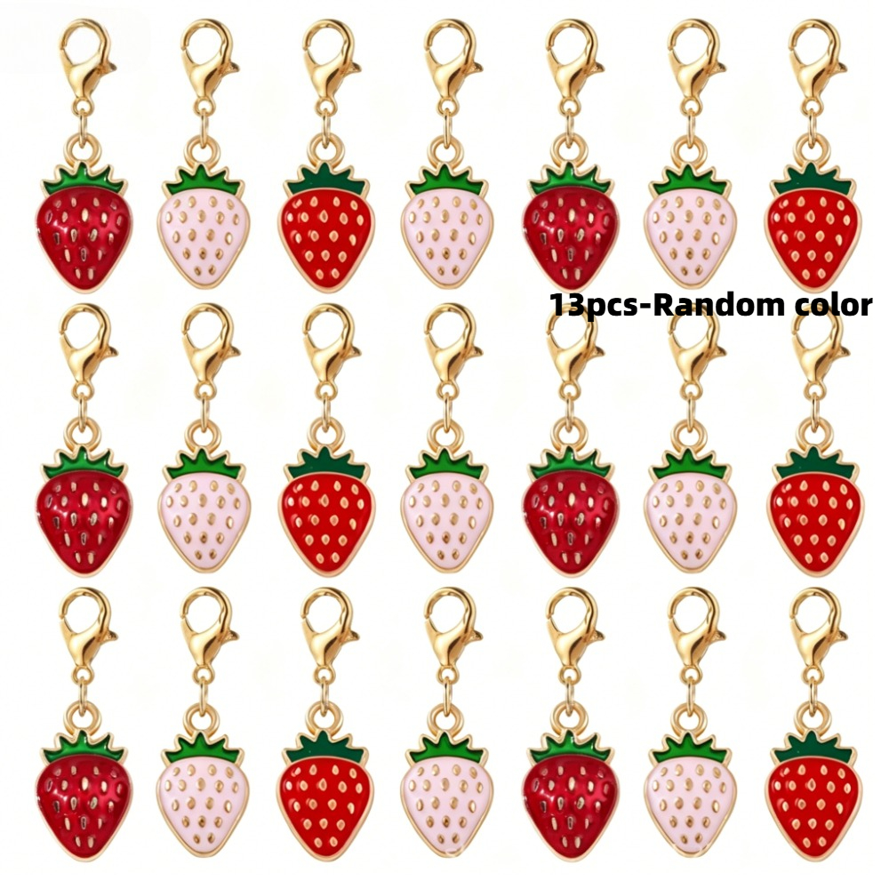 TEMU 7/13pcs Cute Strawberry Keychain Charms Set, Golden Lobster Clasp, Red And Pink Fruit Pendants, For, Bag, Zipper Pull Decoration Random Color