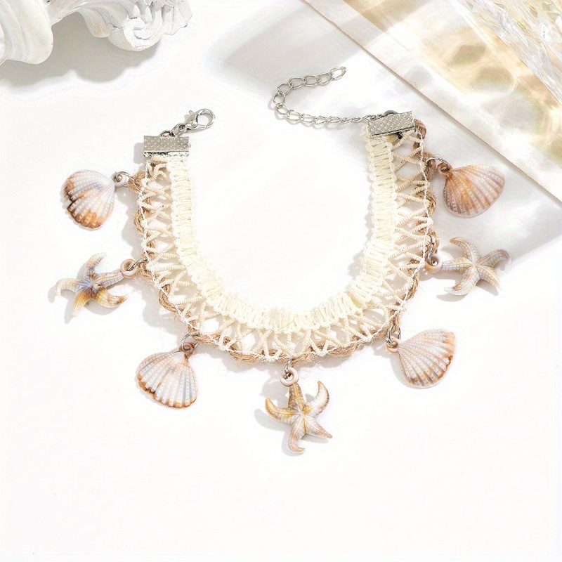 1pc Women's Bohemian Acrylic Starfish And Scallop Woven Vintage Anklet, Handmade For Daily Wear, Beach Vacations, Parties, Birthdays, Holidays, Music Festivals, Valentine's Day, And Holiday Gifts