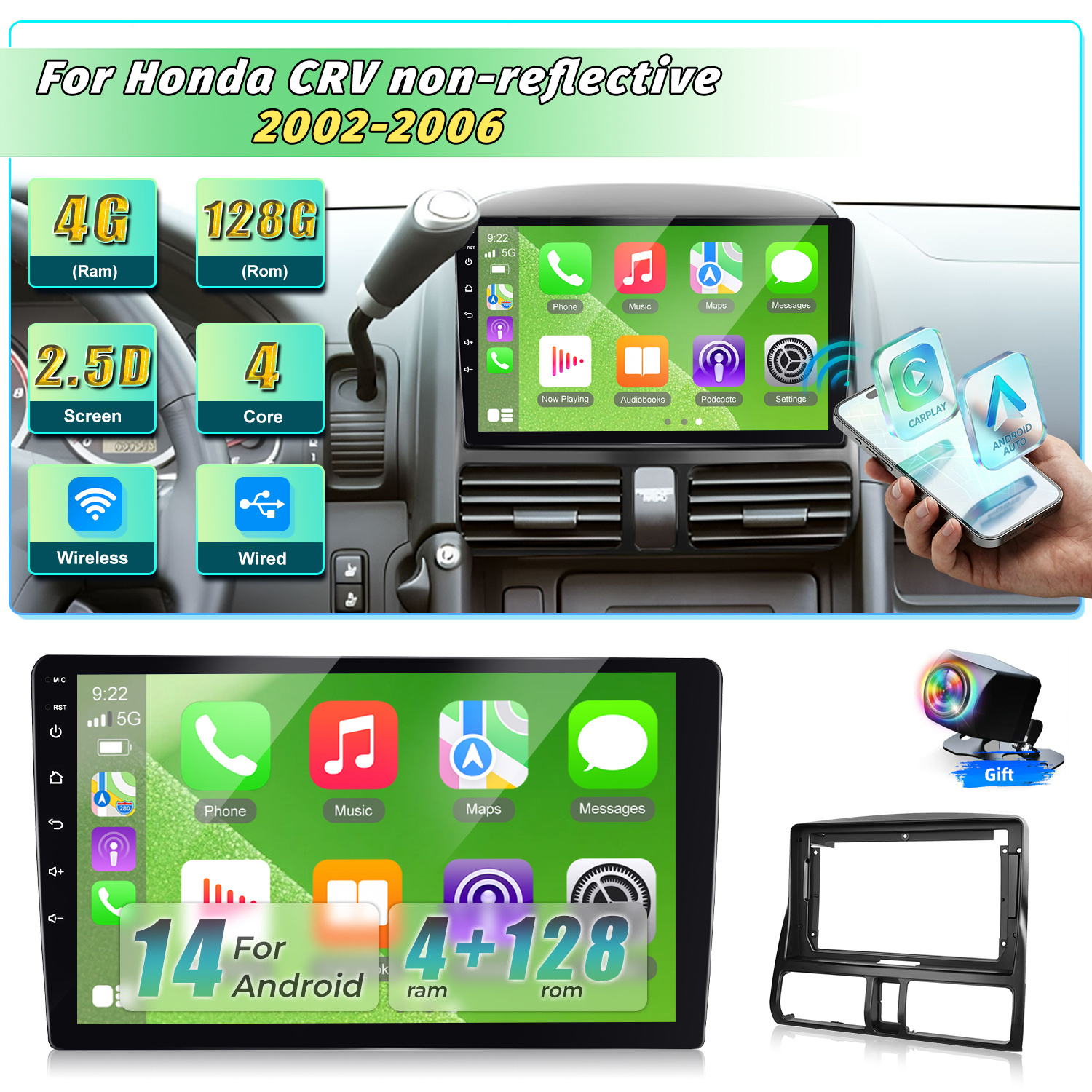 Image of 4+128gb 14 Car Radio For Crv Non-reflective 2002-2006, Car, Dsp, Fm Radio With Rds, Swc, Wifi Gps Navigation Bluetooth Usb Touchscreen Radio + Reversing Camera+car Frame