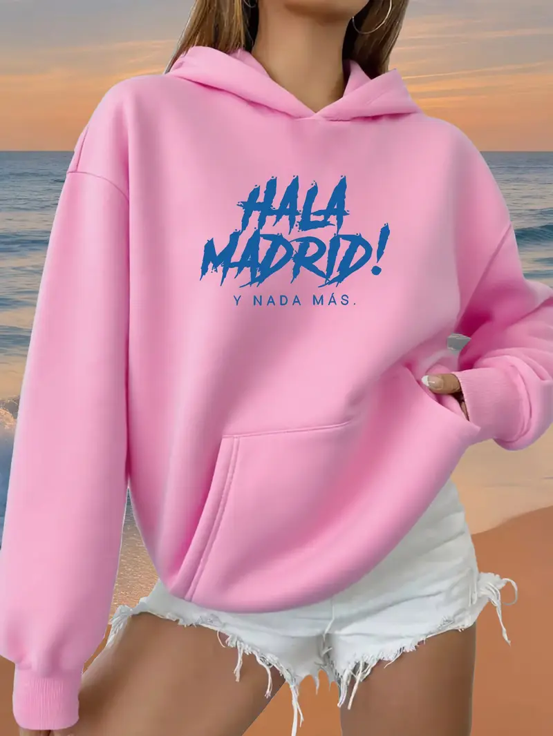 Pink Women'S Hoodie with Blue "Hala Madrid!" Print