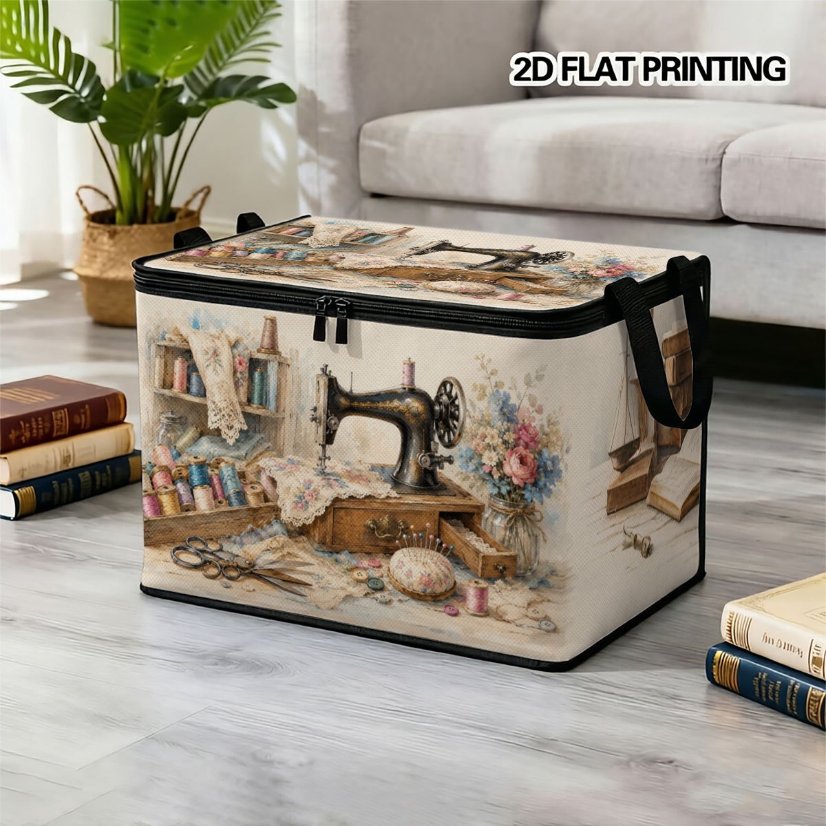 TEMU 1pc Large Foldable Zipper Storage Box, 2d Vintage Typewriter Sewing Pattern Gift, High-end Style Artistic Element Print, Perfect For Travel,