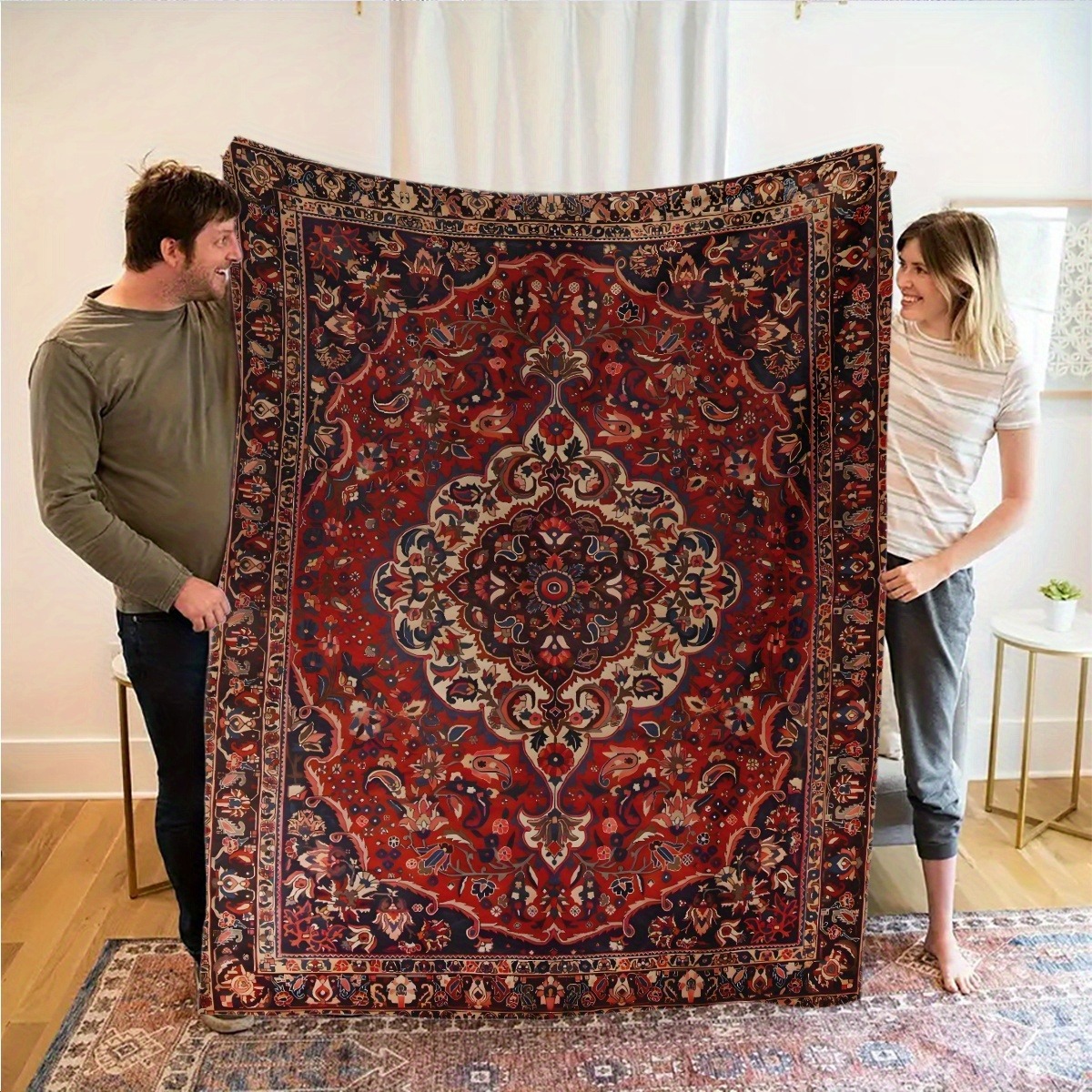 TEMU 1pc Bohemian Persian-inspired Flannel Blanket - Vibrant Red & Golden Floral Pattern, Soft Polyester, Perfect For Indoor/outdoor Use, Camping,