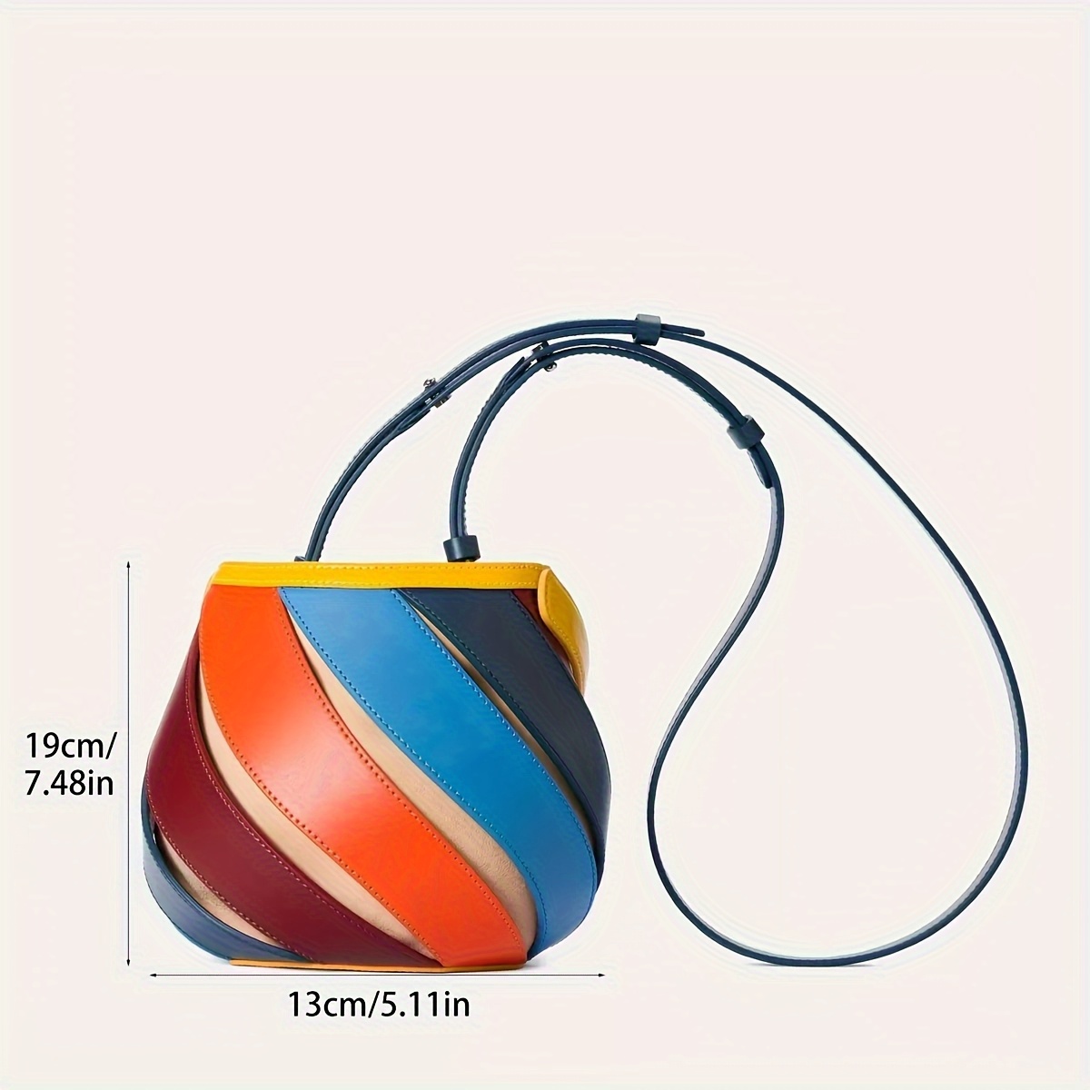 Women's Geometric Rainbow Color-Block Bucket Bag - Genuine Leather Adjustable Crossbody Shoulder Bag with Oil-Trim Finish, Cylindrical Tote for Daily Commute & Vacation, Small Handbag with Drawstring Closure, Casual Outing, Modern Aesthetic, Durable Construction, Working Professionals