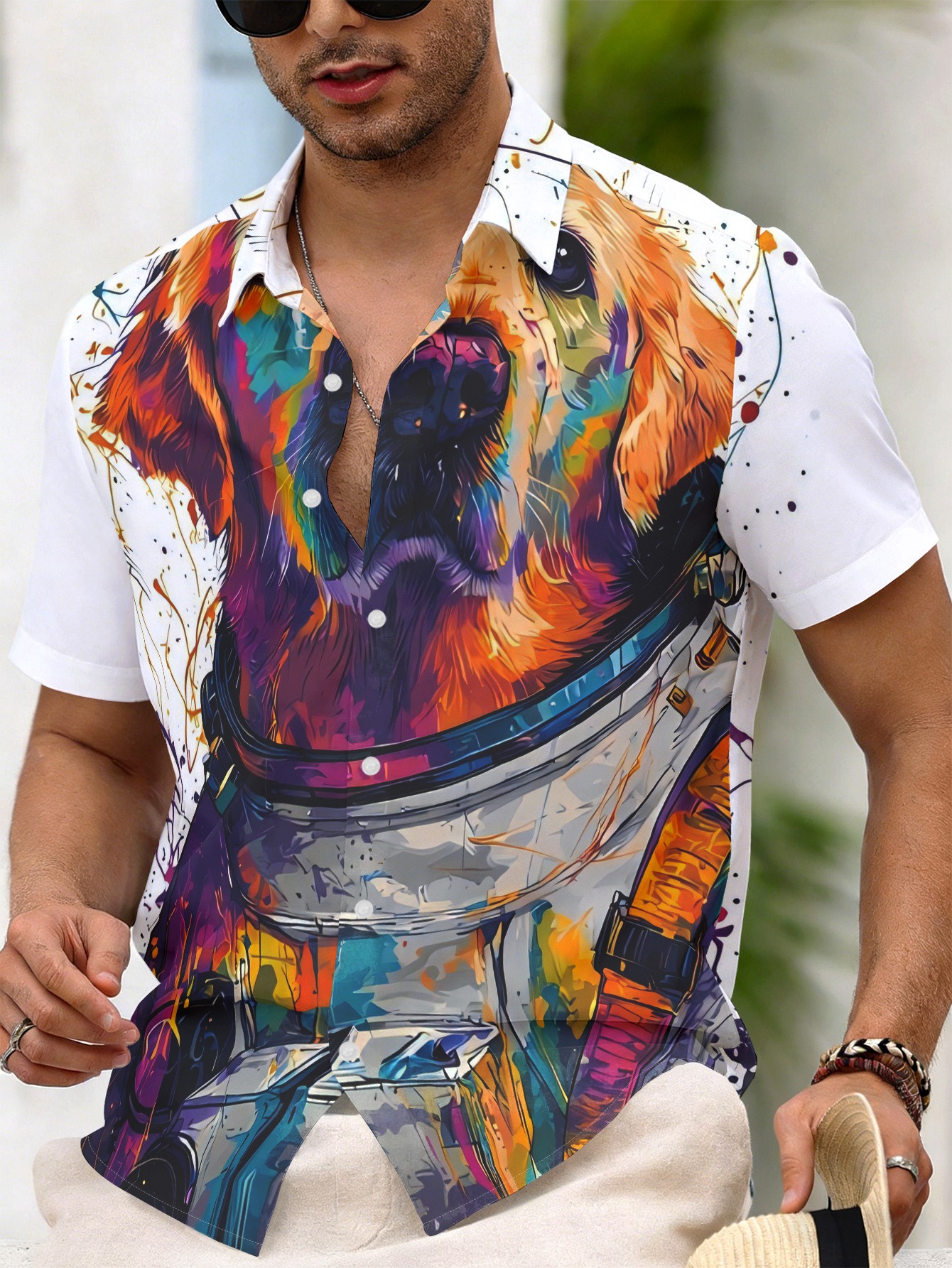 item picture mens shirt featuring a colorful artistic style dog print on the front with a rich ink splatter effect