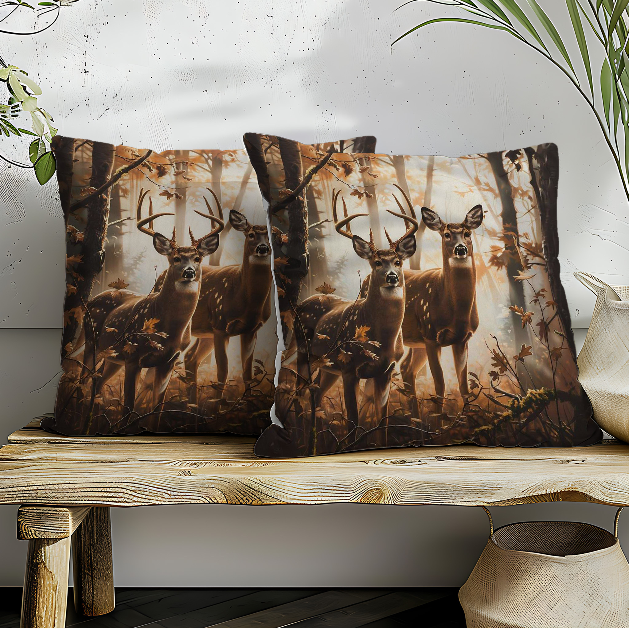 

Set Of 2 Deer Autumnal Colors Decorative Polyester Throw Pillow Covers, Bohemian Style Single-sided Print, Machine Washable, 18x18 Inches, Zipper Closure, Sofa And Bed Accent Cushions For Home Decor