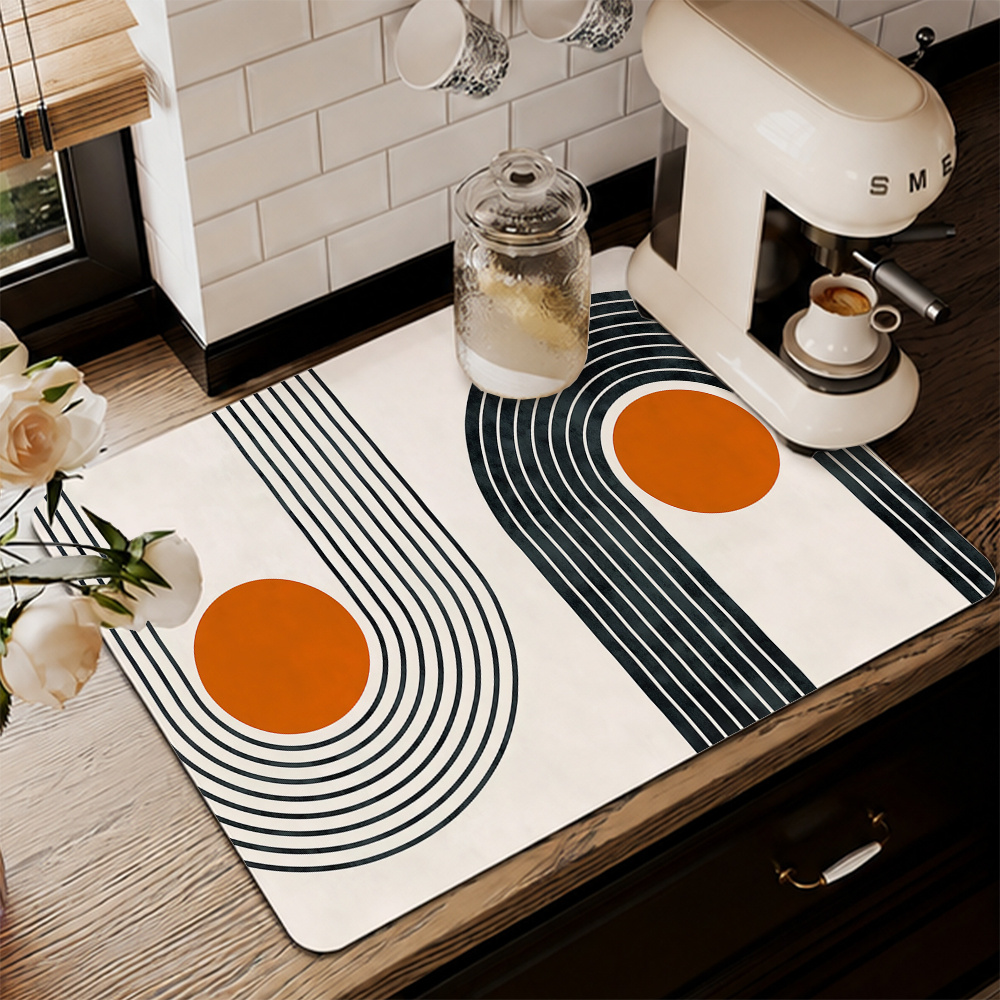 TEMU 1pc, Easy Geometric Pattern Dish Drying Mat/absorbent Placemat, Printed With Black Parallel Arcs And 2pcs Orange Circular Patterns, Non-slip