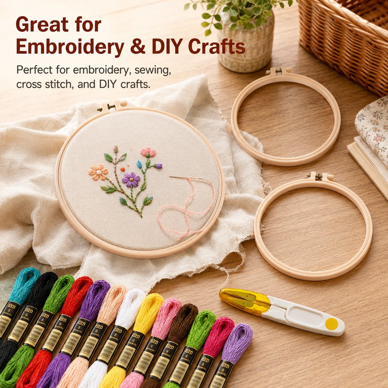 Embroidery Hand Kit with 3 Round Plastic Frames and 12 Skeins