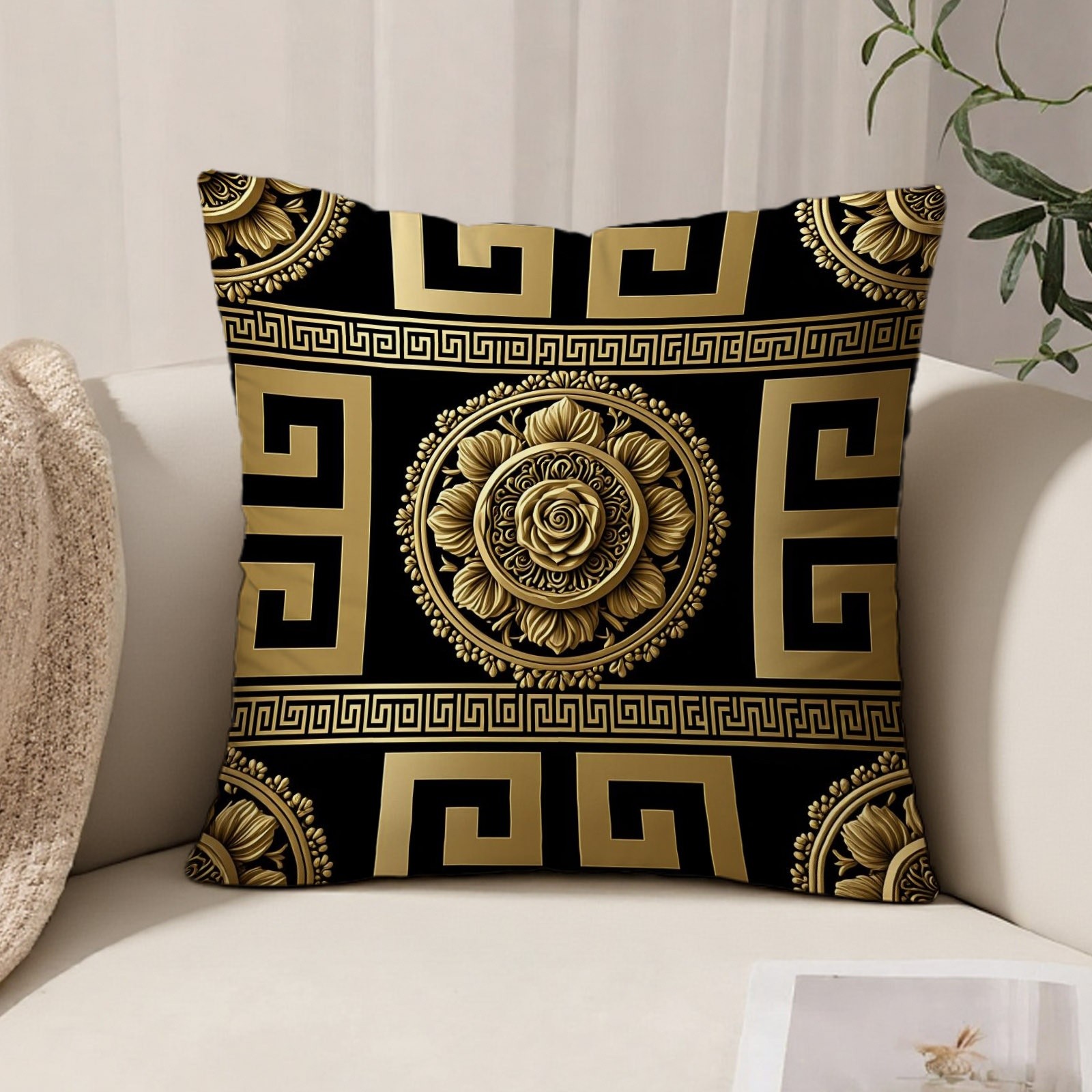 TEMU 1pc Decorative Pillow Cover, Double-sided Printed Luxurious Golden Floral Geometric Pattern, 17.72 X 17.72 Inches (pillow Insert Not Included),