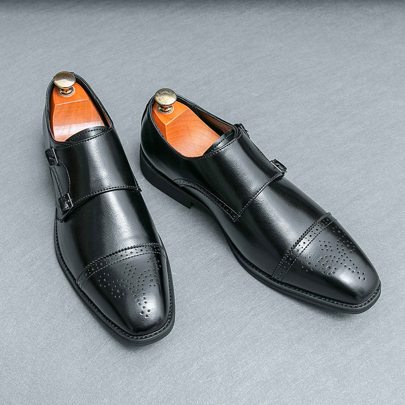 Image of Double Men's Shoes- High-end Business Casual Shoes, Fashionable Square Toe, Hand-carved Design, Formal Summer Formal Dress, Pointed Toe, Large Size, Comfortable Double Buckles