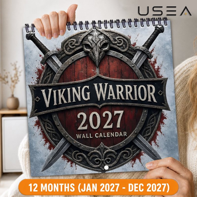 TEMU . 2027 Wandkalender, 2027 Wikinger Krieger Wandkalender, 12-Monats-Jahresplaner & Monatsplaner, 8,3 x 8,3 Zoll Quadratischer Hängekalender mit