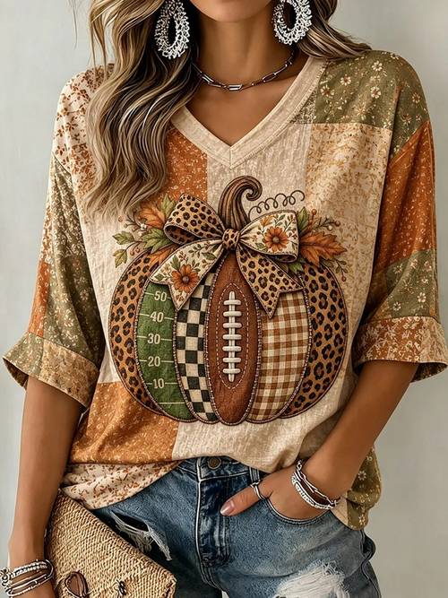 leopard checkered football pumpkin bow floral print women v neck three quarter rolled cuff sleeve loose graphic tee for fall football season thanksgiving vintage daily weekend casual outfit wear