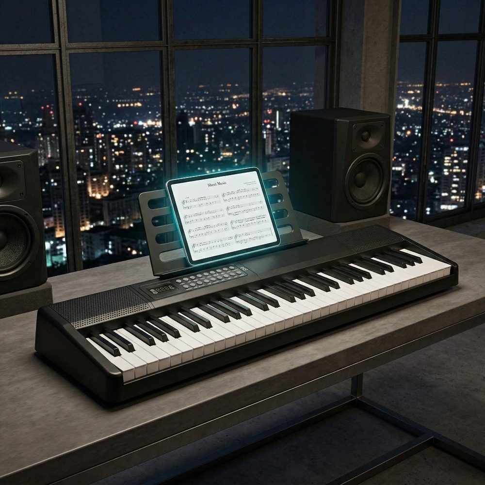 37 1 black 61 key foldable portable electronic keyboard with semi weighted keys   a microphone carrying bag and music stand model gep 204 889   practicing at for home or outdoors