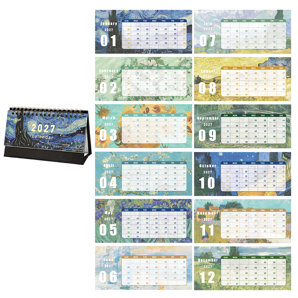 TEMU 1pc Icceemee 2027 Starry Night Desk Calendar - Oil Painting Art Daily Planner With Monthly View, Portable Schedule Organizer Suitable For , Gift