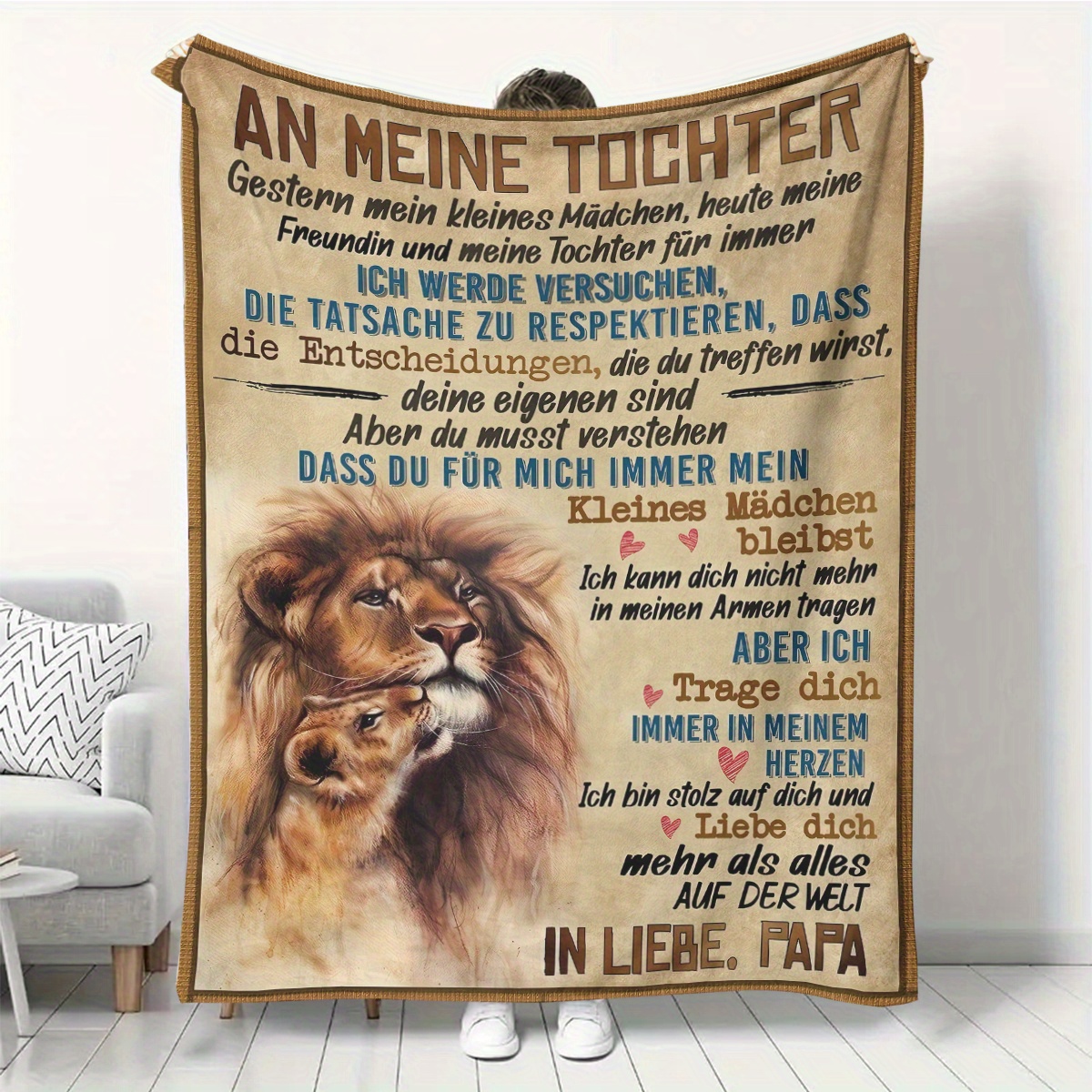E-shop Flanelldecke von Papa zur Tochter - Weiche, Warme Ganzjahres-Decke mit Deutscher Vater-Tochter-Liebesbotschaft & Löwen-Design, HD-Digitaldruck
