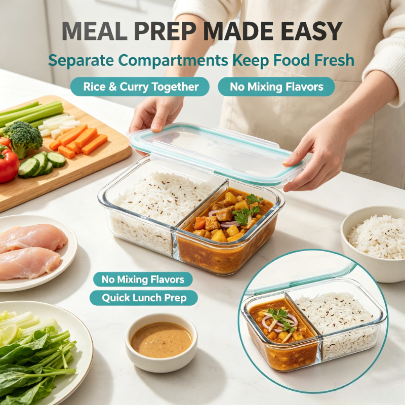 TEMU Sunfiona 2-compartment Glass Meal Prep Container With Snap Lock Lid And Sealing Hinged Cover - Durable Dishwasher-safe Glass Food Storage