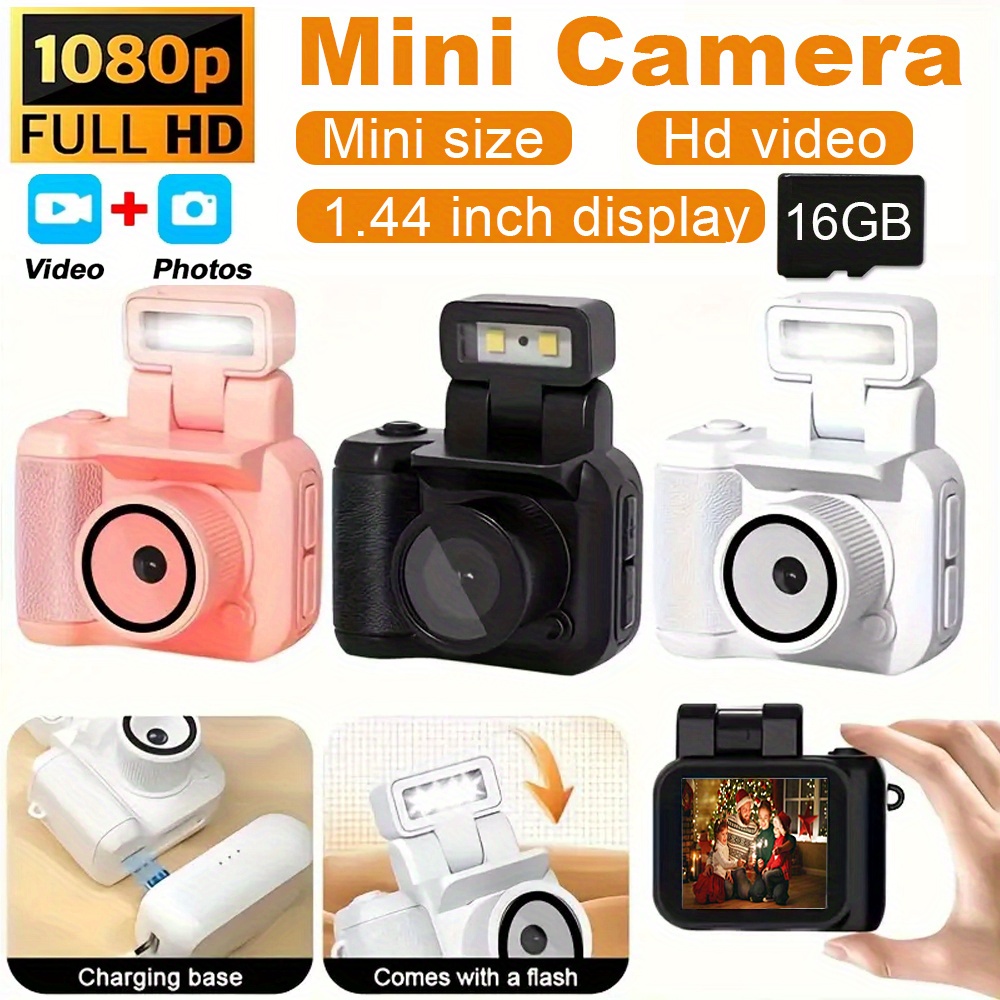 1080p hd mini digital camera with lcd screen flash portable dslr cmos sd tf card support usb charging rechargeable polymer battery 0 72x viewfinder 16gb memory card included pink white black