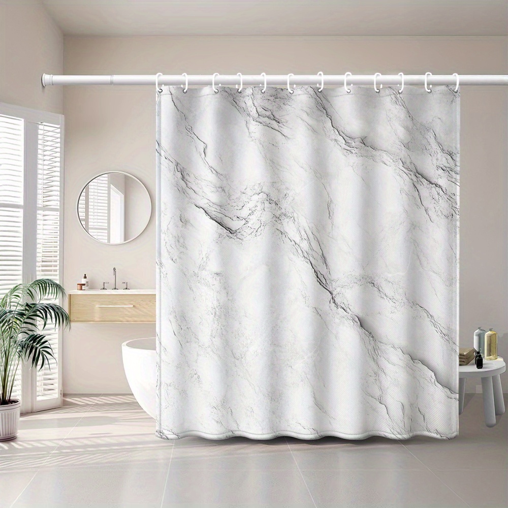 TEMU 1pc White Gray Textured Marble Pattern, Natural Realistic Style Printed Shower Curtain, Bathroom Home Decor With Plastic Hooks Suitable For