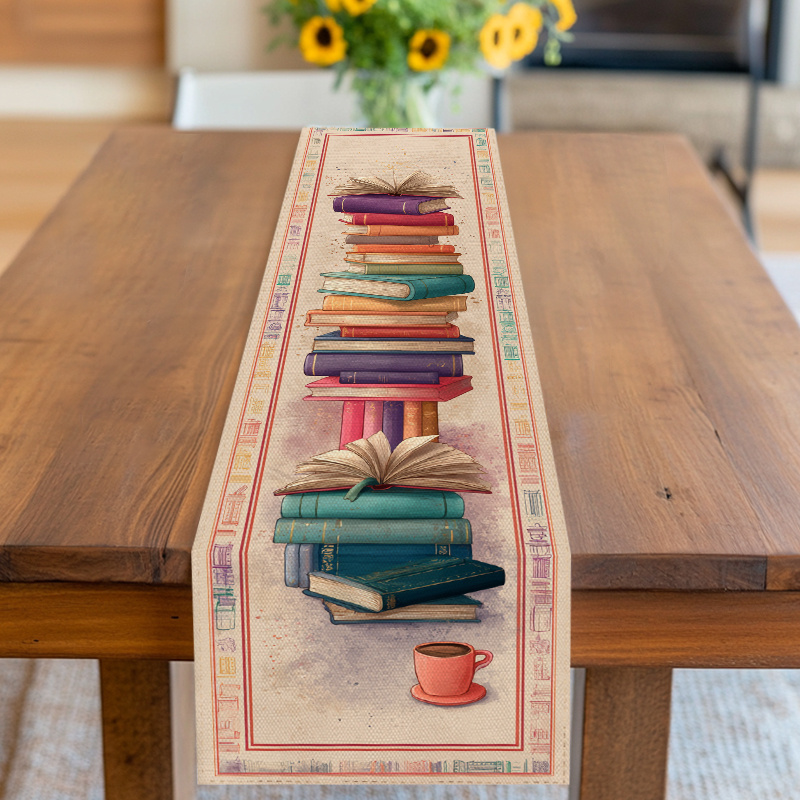 TEMU Un de mesa y cubierta con un diseño de libros apilados junto a una taza de café, disponible en varios colores. Ideal para ocasiones como ,