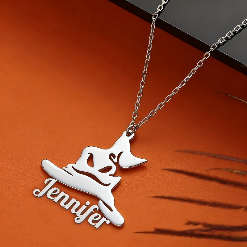 TEMU Personalized Name Necklace - Custom Name/initial Charming Hat Pendant With Broom Charm - Gift For Women, Wear, Birthday And Halloween Parties,