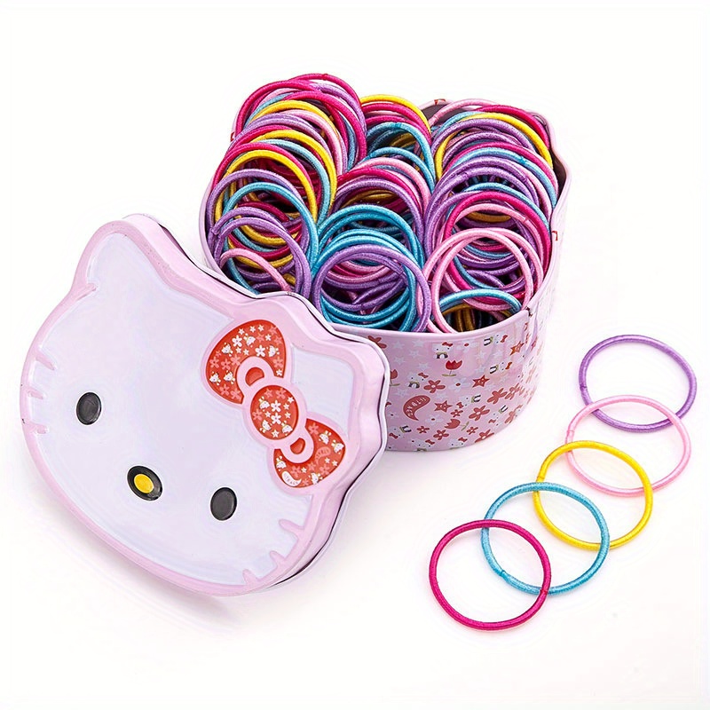 Image of Hello Kitty Headband 100pcs Set - Durable Mixed Color Elastic Bands, Cartoon Print And , With Storage Box, Perfect For 14+ Women, Halloween