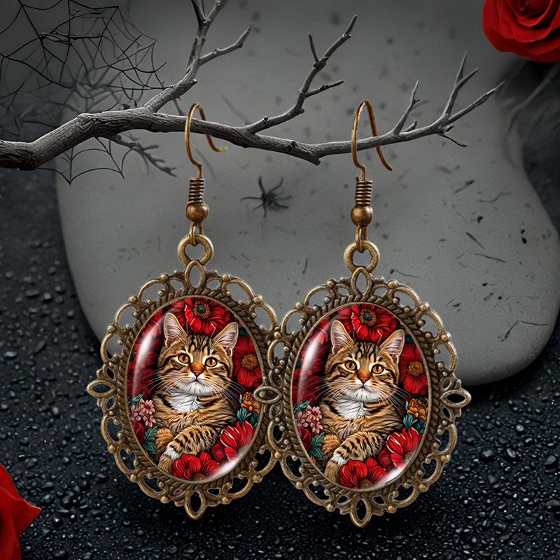 TEMU Vintage Resting Red Flowers, Oval Glass Earrings With Retro Floral Lace, Trendy Handmade Additions And Gifts, Without Battery