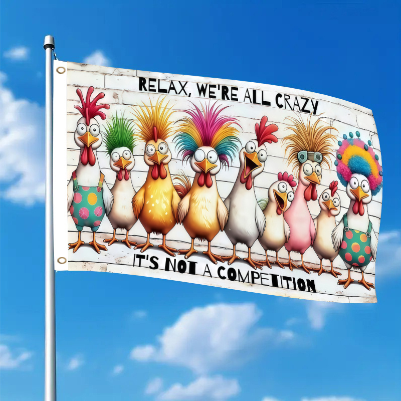 TEMU A Colorful Haired Chick "relax All Crazy" Fun Cartoon Group Portrait Art - Humorous Decoration, Single-sided Hanging With Dual-hole Grommets,