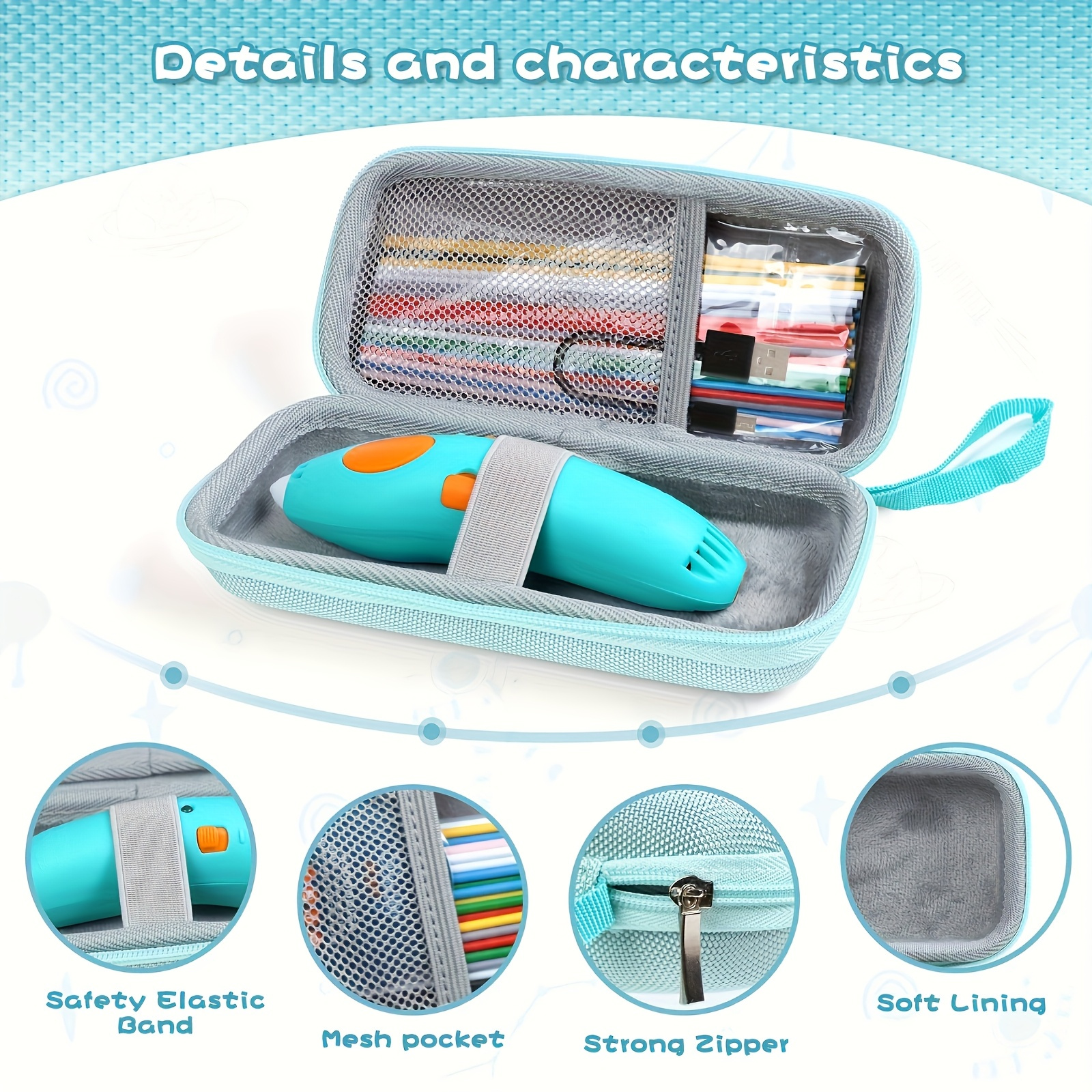 

Light Blue 3d Printing Pen Set Storage Box - Waterproof, Shockproof Nylon With Safety Band & Soft , Mesh Pocket For Electronic Accessories - No Charging Required, Pen Storage Organizer