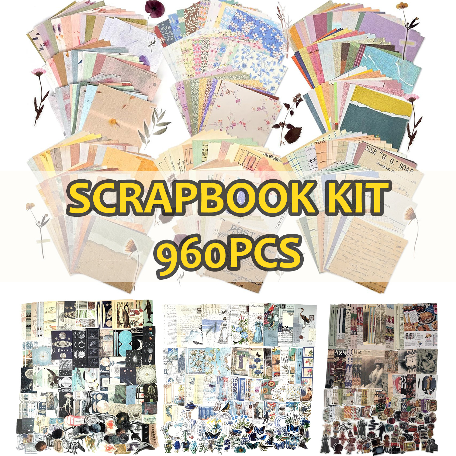 Image of 960pcs Vintage Kit - -one Junk Journal Supplies With Decorative Paper And Stickers, Aesthetic Retro Floral And Ephemera Pack For Journaling, Crafts, Planner Decor, Card Making, Art Col