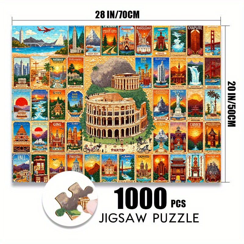 500/1000pcs Vintage World Landmarks Map Jigsaw Puzzle, Interactive Game