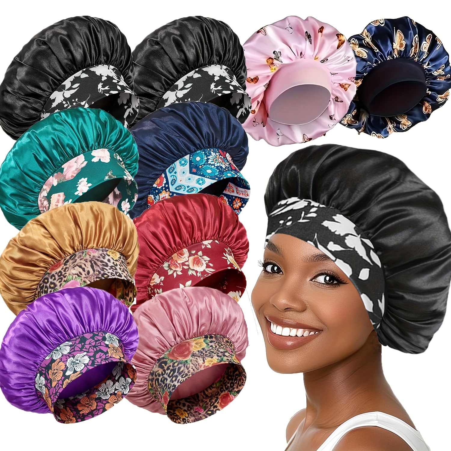 TEMU 10pcs Set Of Luxurious Satin Night Caps For Women | Printed , Elastic -pressure Design, Suitable For Hair Care, Does Not Damage Hairstyle, And Device