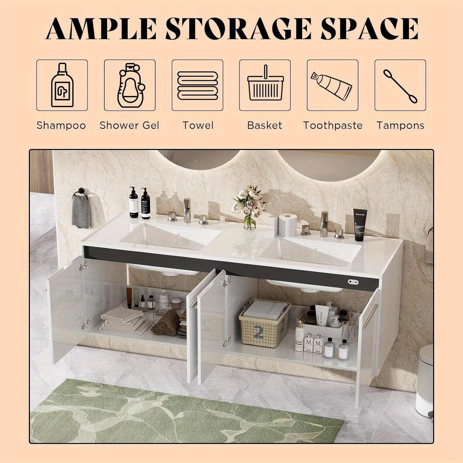 led floating bathroom double vanity with sink combo modern high gloss wall mounted bathroom storage cabinet with 3 hole sink metal handles soft closing doors Product details 8