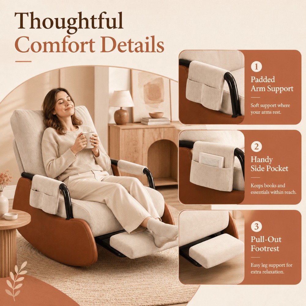 Image of Fold-flat Rocking Recliner Chair With Pull-out Footrest, Side Storage Pocket, Cream Ribbed Upholstery, Compact Cushioned Lounge Armchair For Living Room, Bedroom, Reading, Adults