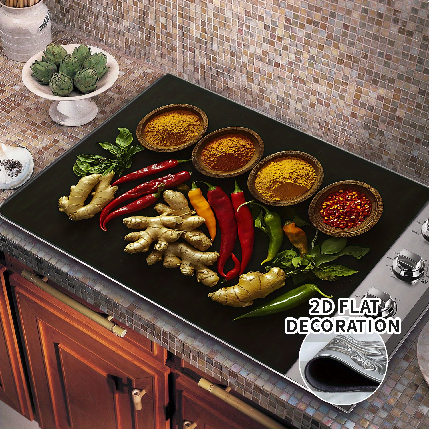 TEMU 2D Platte Decoratie - Elektrische Kookplaat Cover - Rubberen Voering voor Gasfornuis - Ideaal voor Keuken, Beschermt Uw Fornuis, 1 stuks