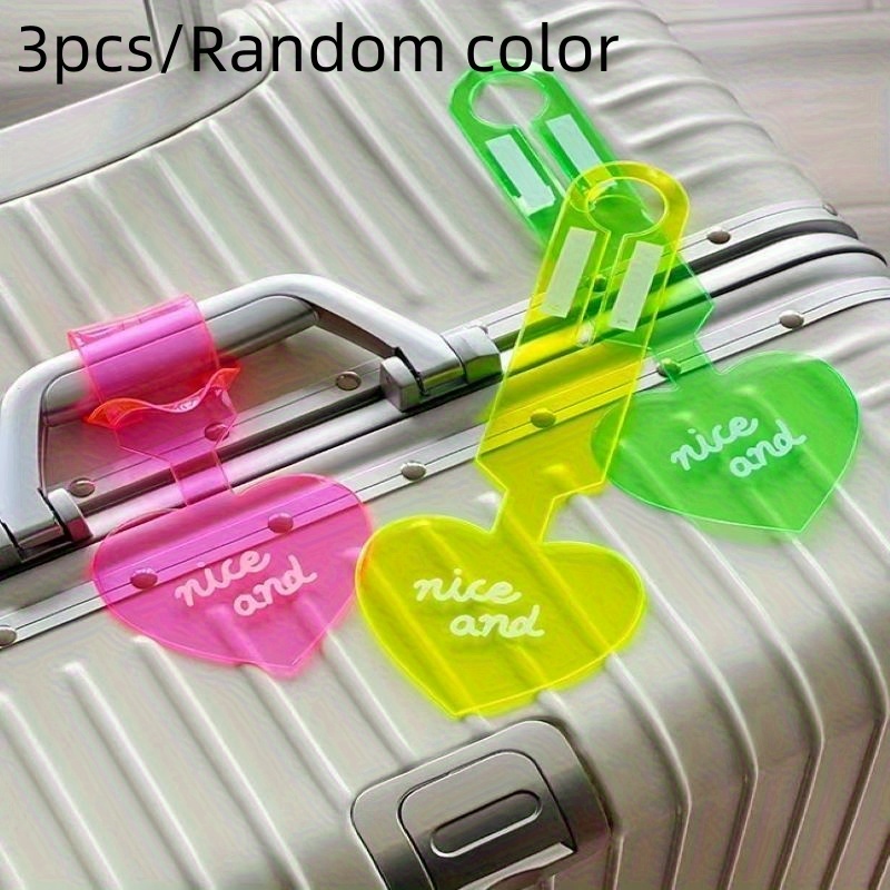 TEMU Lot de 3 Étiquettes de Bagage Fluorescentes de Cœur de Couleurs Aléatoires | Étiquettes d'Identification - en PVC pour Valise, Motif de de Cœur
