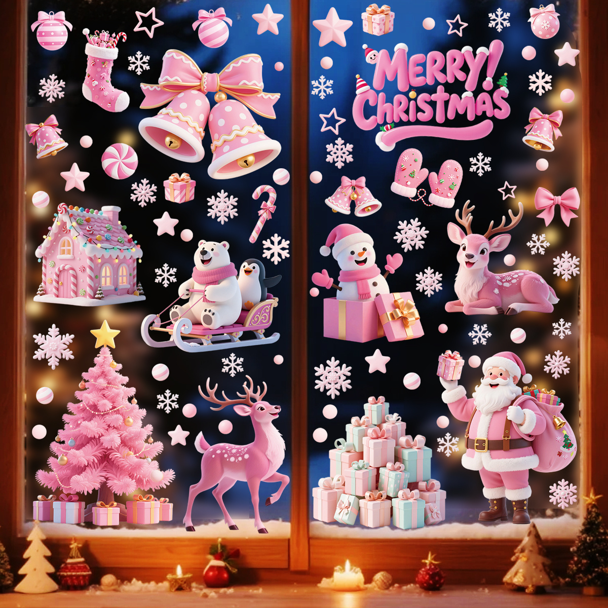 118 stuks Kerst Raamdecoraties - Roze Serie met Kerstman, Kerstbomen, Sneeuwkoedjes & Sneeuwvlokken, Herbruikbare PVC Statische Plakstickers voor Thuis