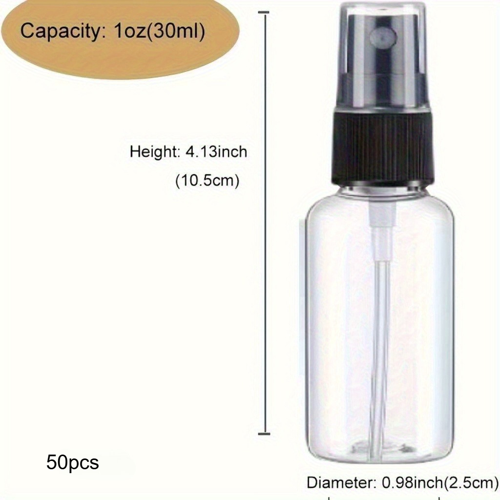 TEMU 50pcs 1oz/ 30ml Transparent Plastic Spray Bottles With Black Caps - Fine Atomization Reusable Travel Containers, Suitable For Essential Oils,