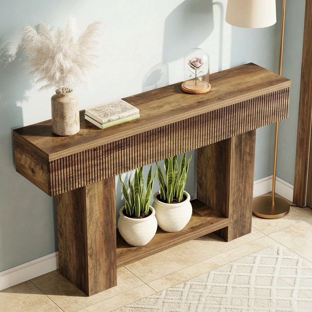 55-Inch Entryway Table with Storage, Farmhouse 2-Tier Console Table for Behind Couch, Rustic Wood Accent Table for Hallway Living Room Foyer (1pc)