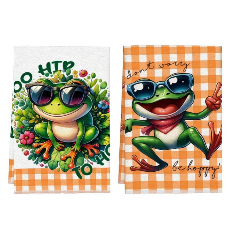 TEMU Easter 2pcs 18*26inches Frog Kitchen Towels Towels Dish Towels Soft And Absorbent Suitable For Decorative Cleaning Kitchen Towels Face Towels