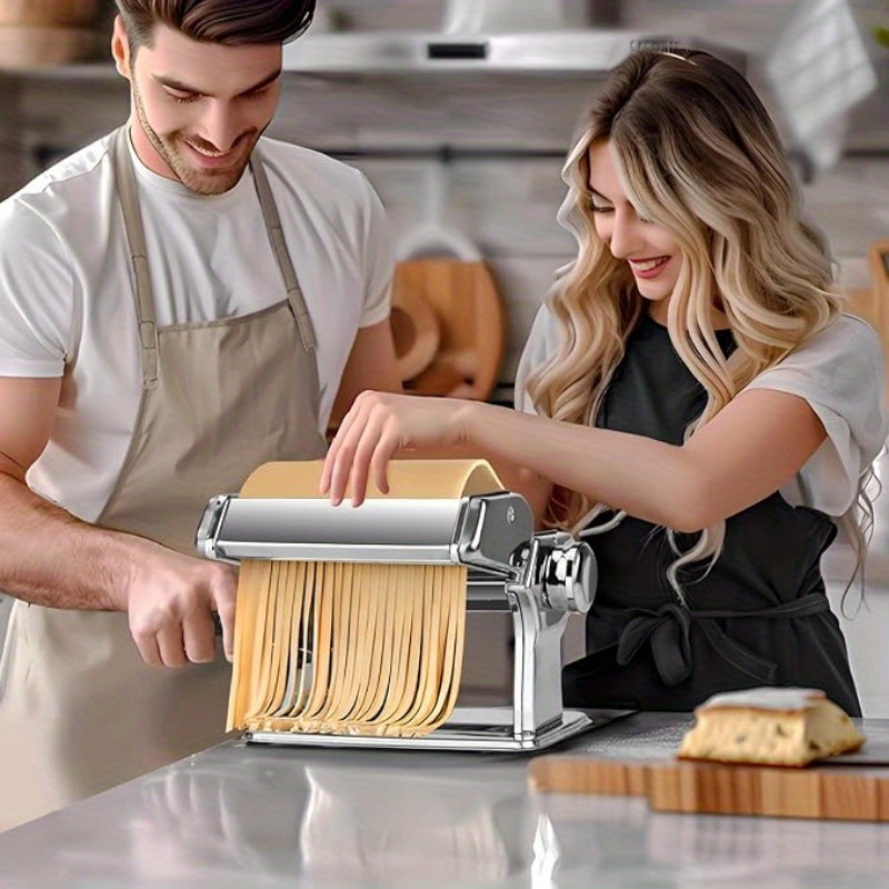 stainless steel manual pasta maker machine with 6 adjustable thickness settings hand crank double roller for fresh spaghetti   noodles and dumpling skins kitchen gadget details 3