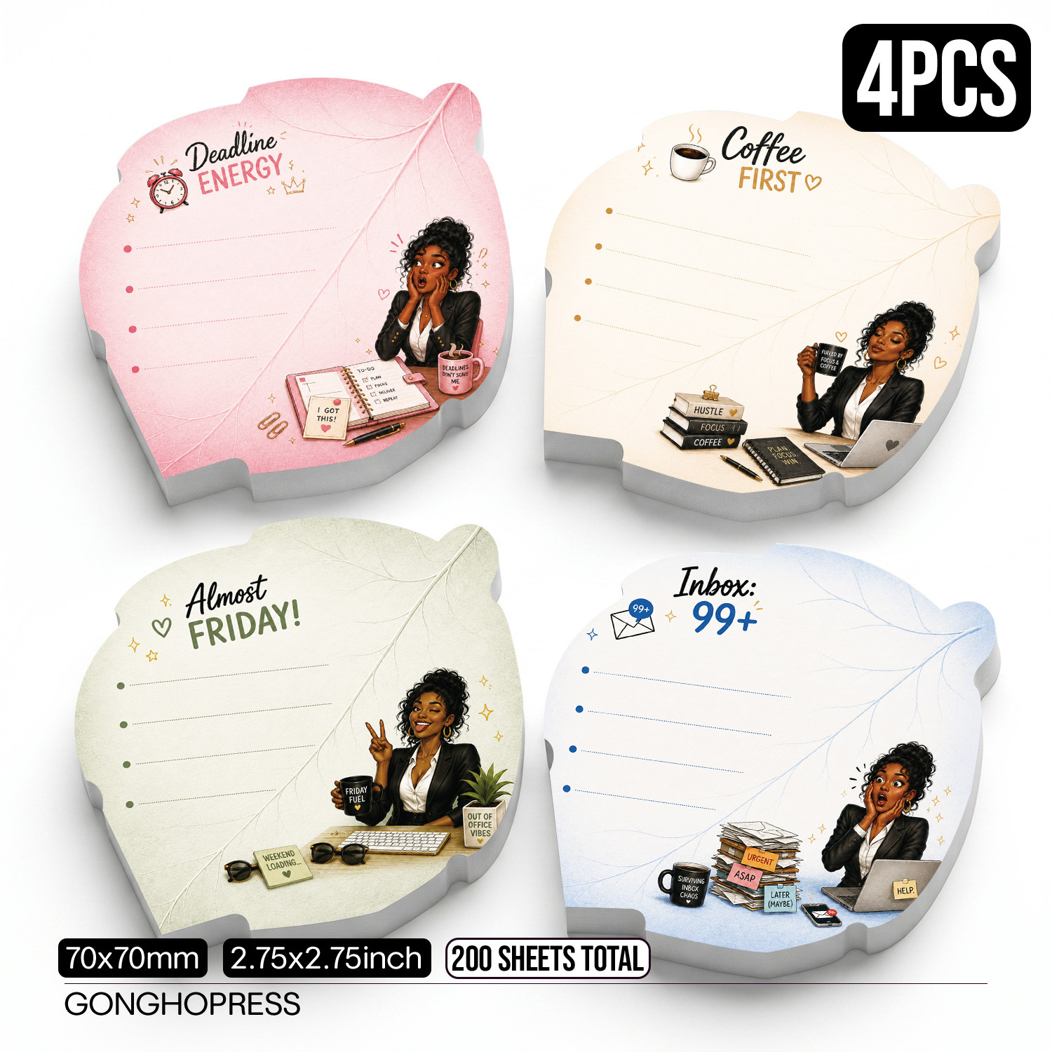 TEMU 4pcs Maple Leaf Shaped Office Humor Sticky Notes, 200 Sheets Total, 70x70mm Funny Memo Pads With , Coffee, Friday And Designs, Lined