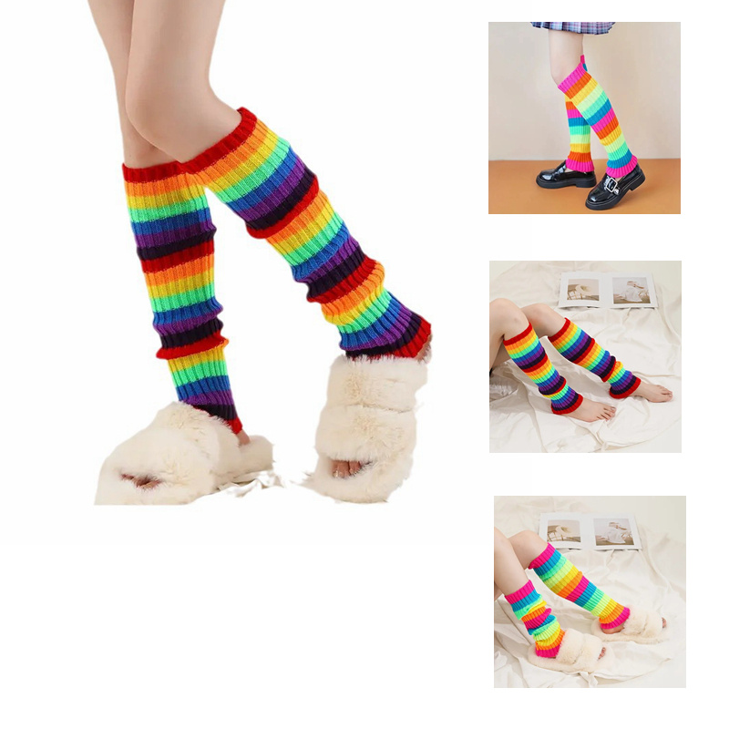 

1 Pair Rainbow Striped Knitted Leg Warmers – Ribbed Sock Covers For Women, Parties, Autumn & Accessories, Cozy Leg Warmers | Vibrant Striped Design | Acrylic Knitwear