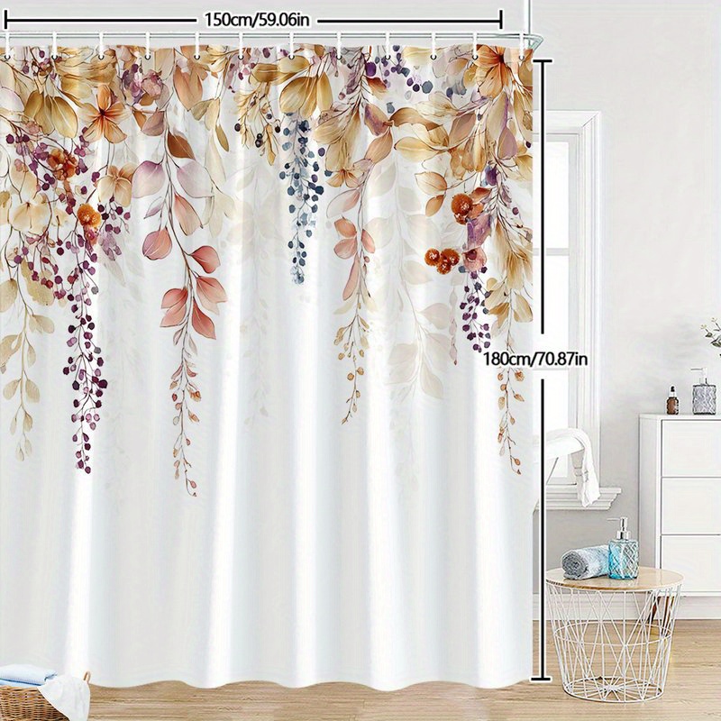 TEMU 1pc Autumn Floral Garland Shower Curtain - Elegant Vintage Botanical Design With Lilies, Daisies, And Berries In Golden, Orange, Burgundy, And