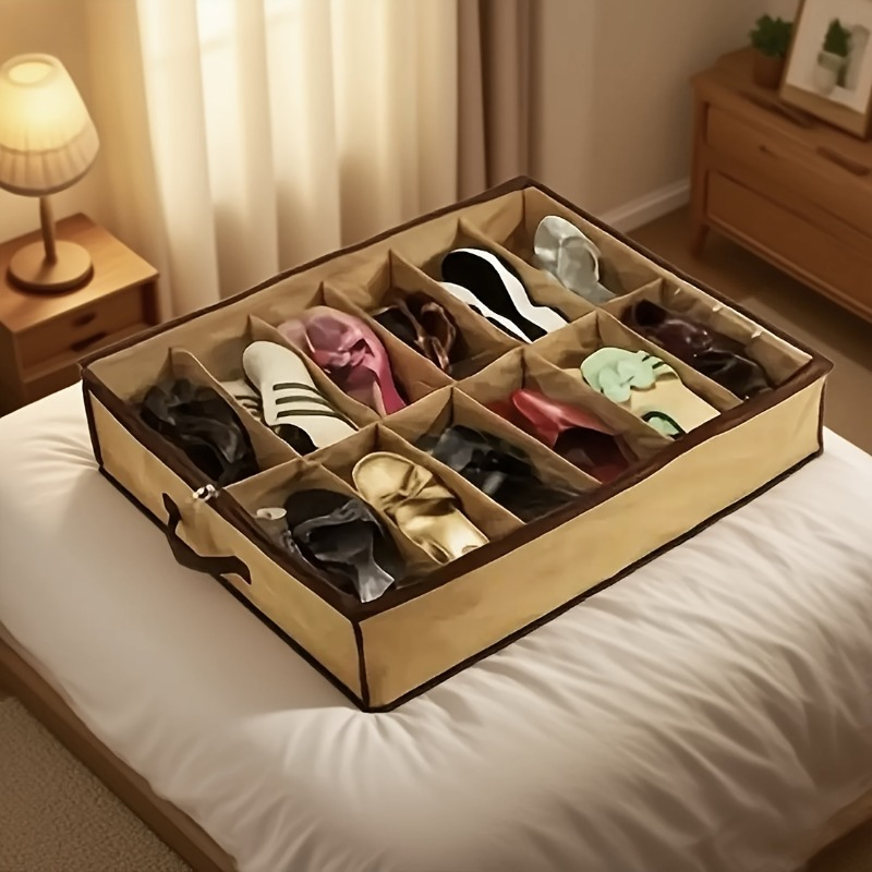 TEMU Juego de organizador de zapatos de 12 compartimentos con transparente que ahorra - para dormitorios y armarios, cestas, papeleras y contenedores