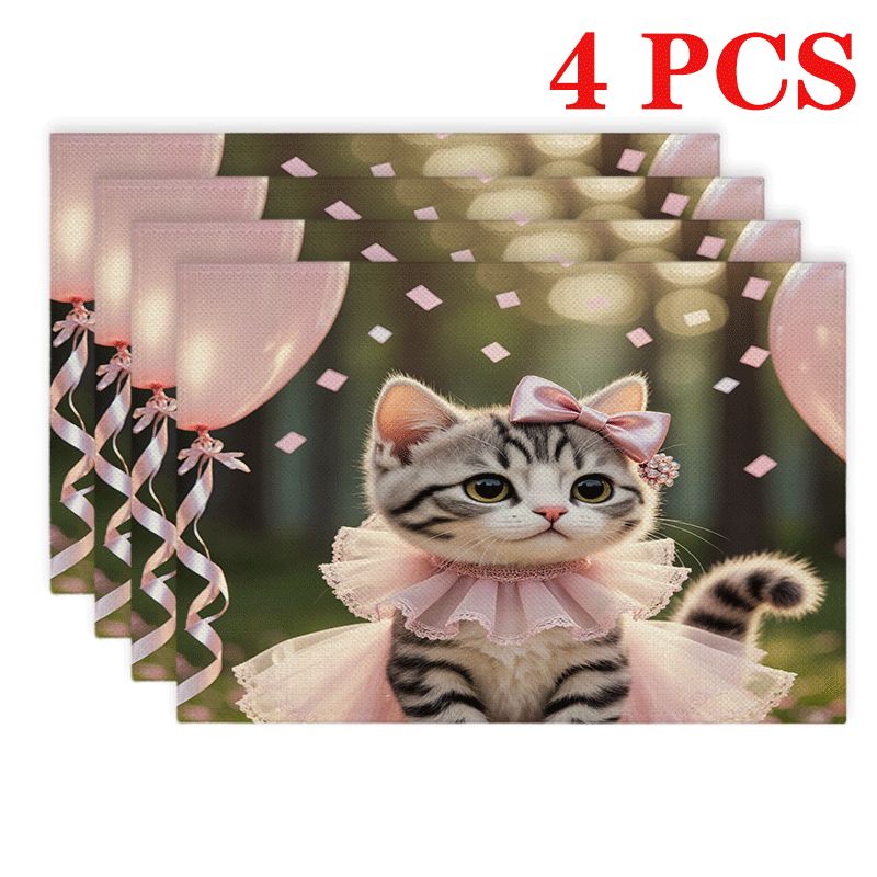 Lot de 1/4/6 sets de table rectangulaires - 30,48 x 45,72 cm - Sets de table rose chaton pour anniversaire avec motif 2D, sets de table en polyester résistant et lavable_voghion.com