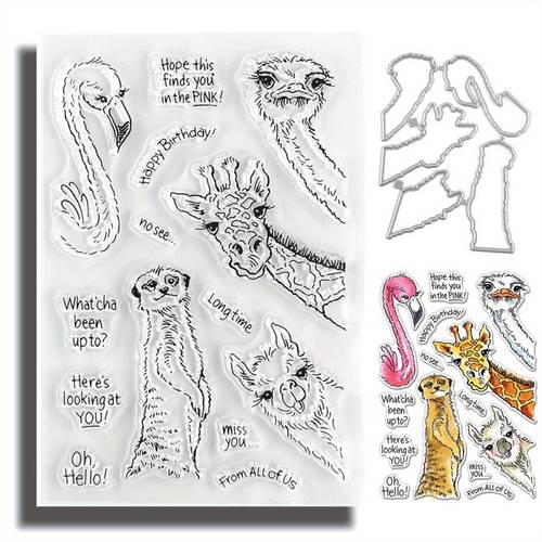tiere & geburtstage & giraffen & affen & kamel & rote krönungskraniche & strauße klarsichtstempel und metall stempel set, freunde & hallo & & aus dem fenster schauend & englisch & sätze & wörter & phrasen vorlage form kunst dekoration