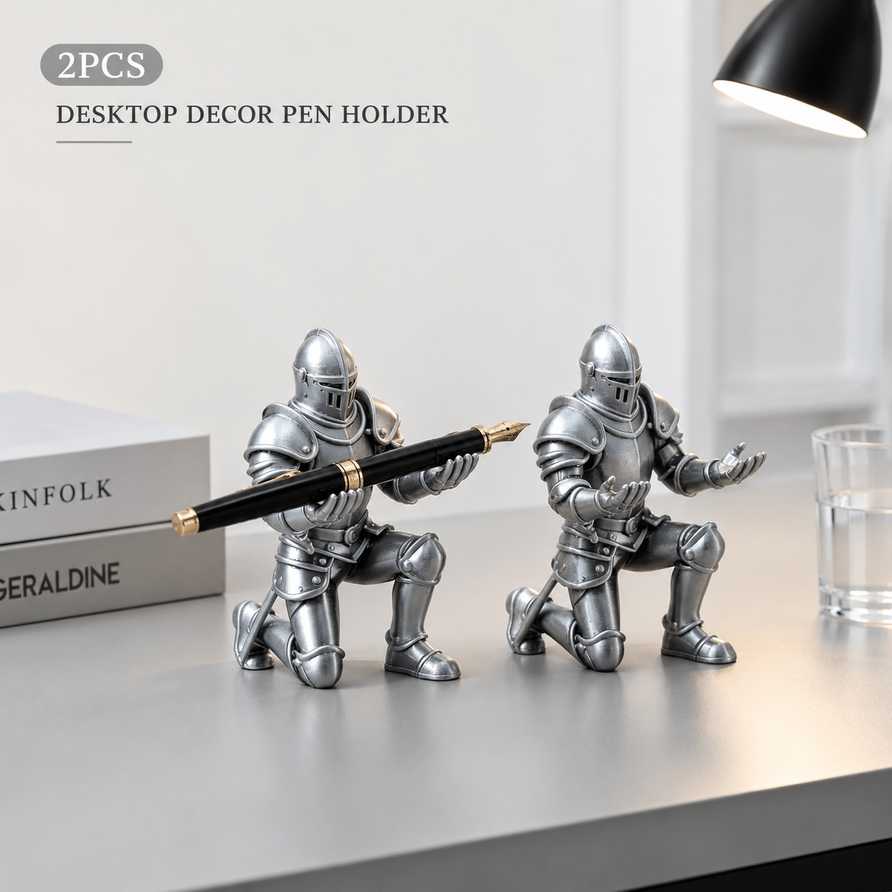 TEMU 2pcs Silvery Knight Kneeling Statue Is A Ornament And A Pen Holder. It Can Hold Ballpoint Pens, Fountain Pens, Pencils, And Stationery Items,