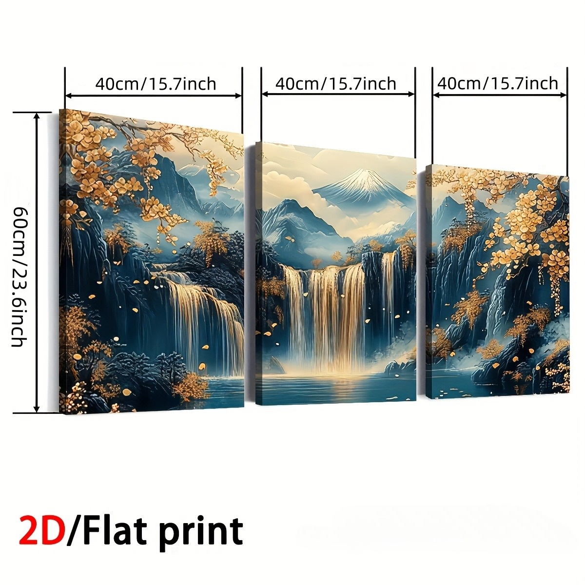 TEMU 2d Flat, 2d Flat, Frameless, 3pcs Set, Light Luxury Natural Waterfall And Mountain Landscape Decorative Painting, Retro Golden Plant And Flower