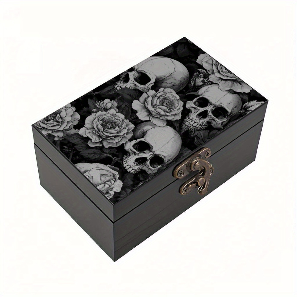 Elegant Floral Print Wooden Black Lidded Storage Bins With Golden Clasp For Gothic Decor And Halloween Decor